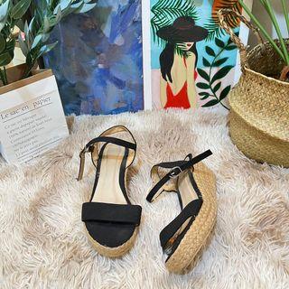 Rattan black wedge sandals heels shoes