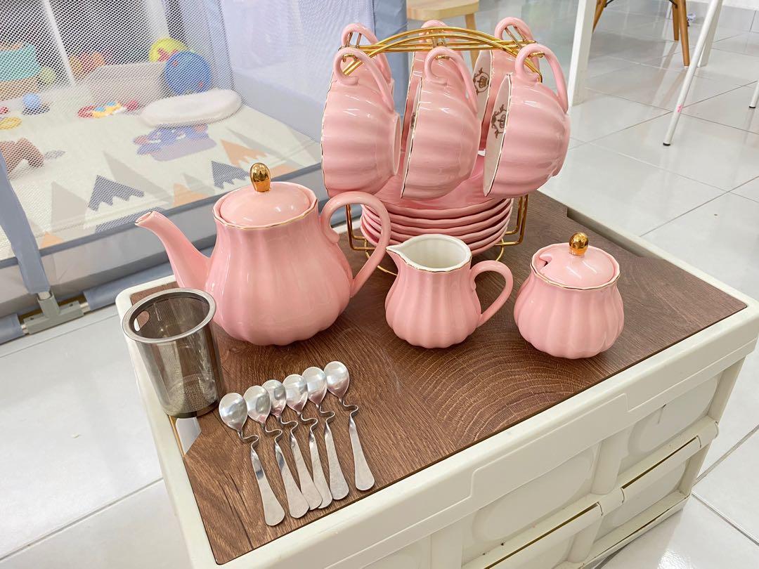 Young Pink Sweejar Home Porcelain Tea Set Royal Family 225 ml to Cups and Saucers with Teapot Sugar Bowl Milk Jug Ceramic Tea and Coffee Cups 