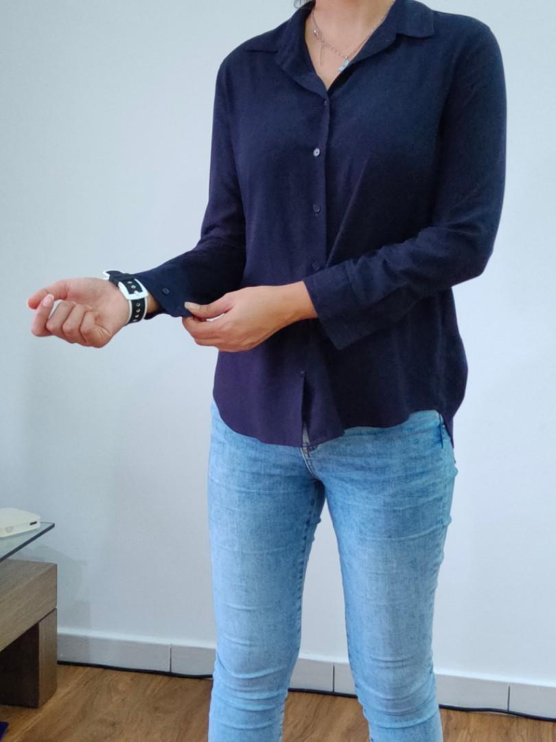 Uniqlo blouse long sleeve navy dark blue blouse half price, Women's  Fashion, Tops, Blouses on Carousell