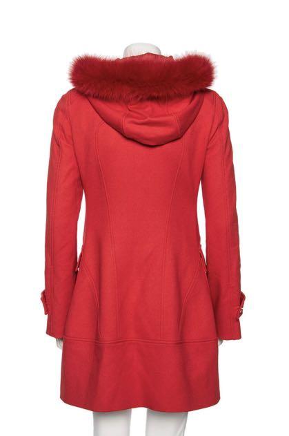 Red wool coat deals with fur hood