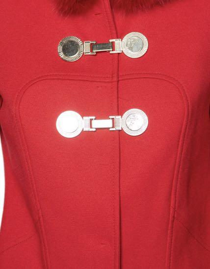 Stunning Versace Red Wool And Fur Trimmed Hooded Mid Length Coat