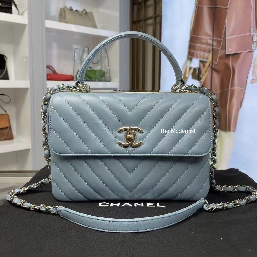 Authentic Chanel Chevron Light Blue Lambskin Small Trendy CC Gold Hardware,  Luxury, Bags & Wallets on Carousell