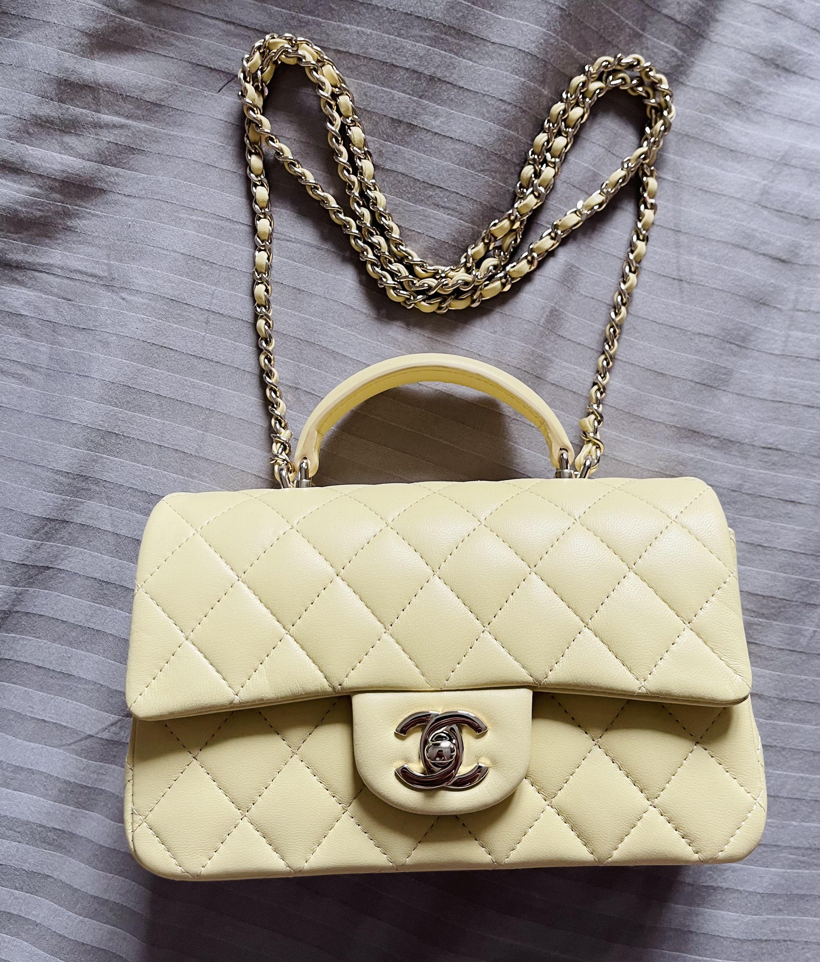 Chanel mini flap with top handle in pastel yellow, Luxury, Bags & Wallets  on Carousell