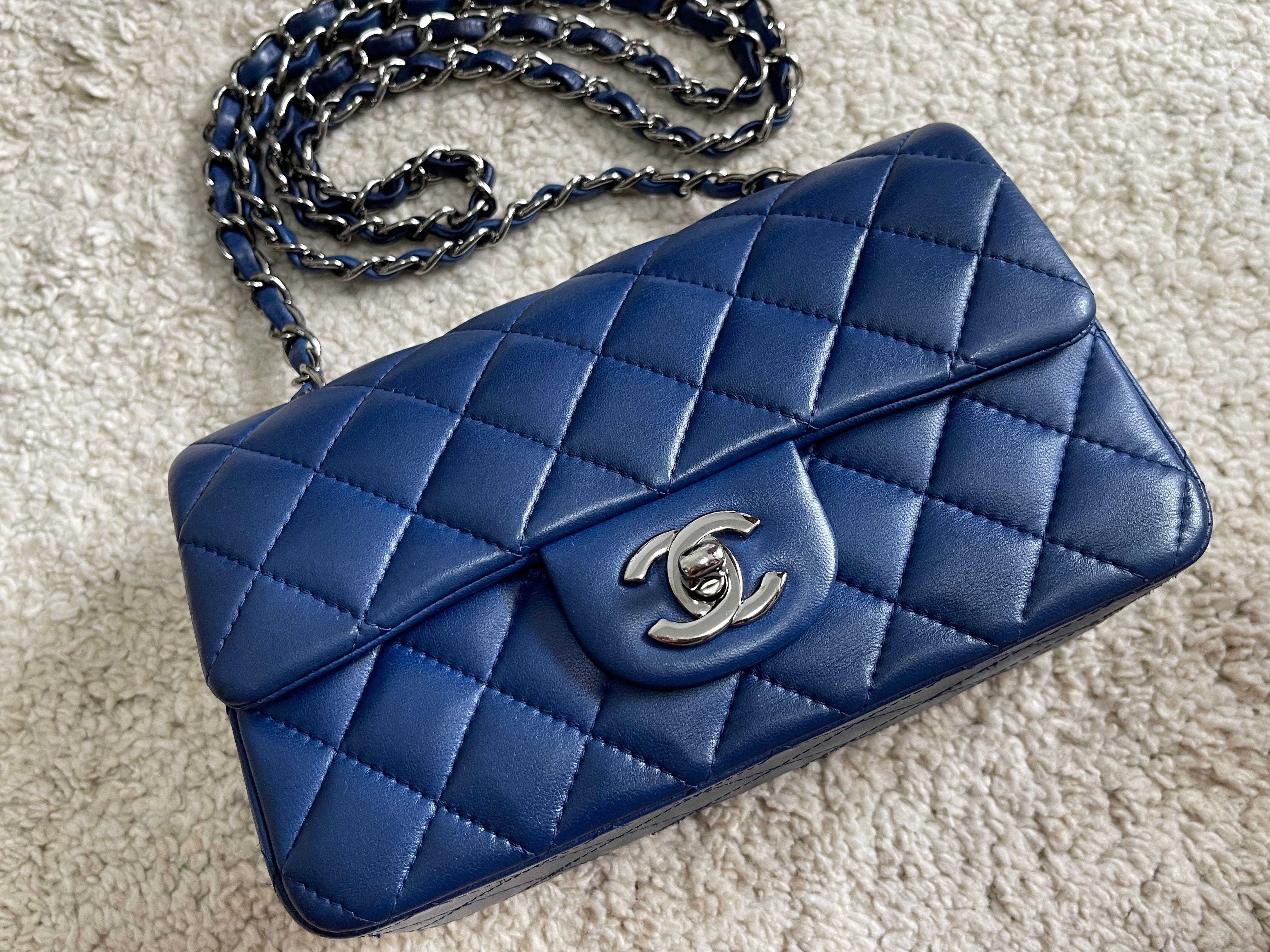 AUTHENTIC CHANEL Blue Mini Square 7 Classic Flap Bag 24k Gold