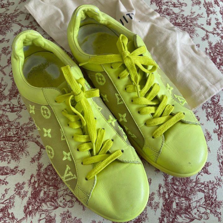 Excellent condition authentic Louis Vuitton limited edition luxembourg  sneakers neon yellow with dustbag fits size 6 mens size 8-9 womens unisex  retails for $2300 dollars (123k plus pesos) P20,000, Women's Fashion,  Footwear