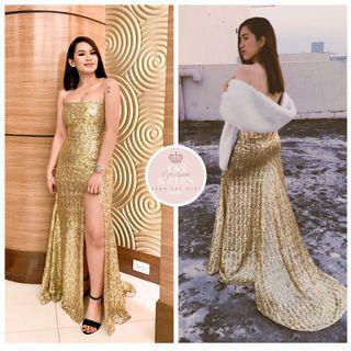 FOR RENT || Gold Sequin Tube Long Trail Evening Gown with Fur Shawl