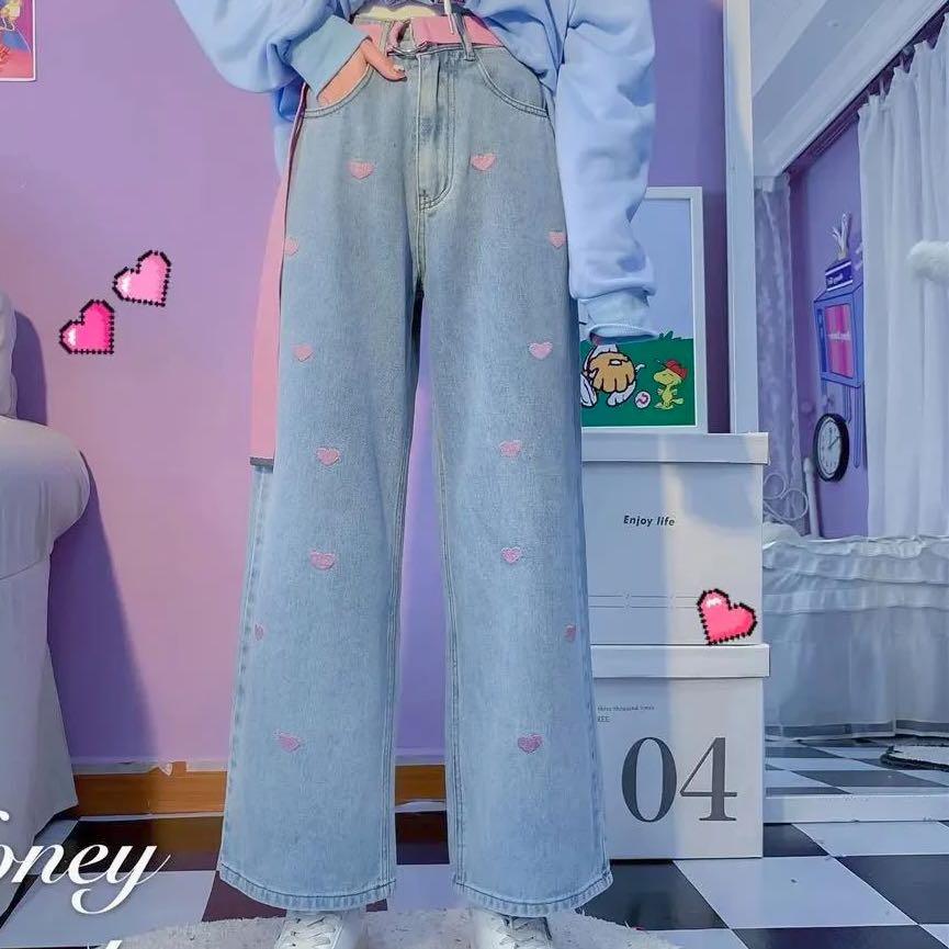Heart embroidered Jeans Wide Leg Women s Fashion Bottoms Jeans
