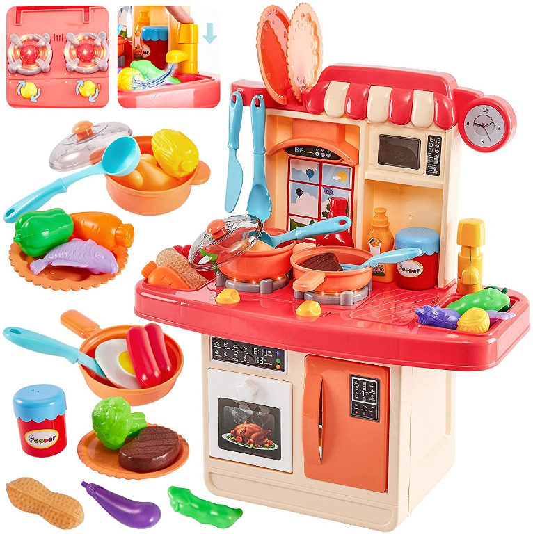HERSITY Kids Role Play Toy Mini Size Kitchen Set with Light and Sound Pretend Food Cooking Toys