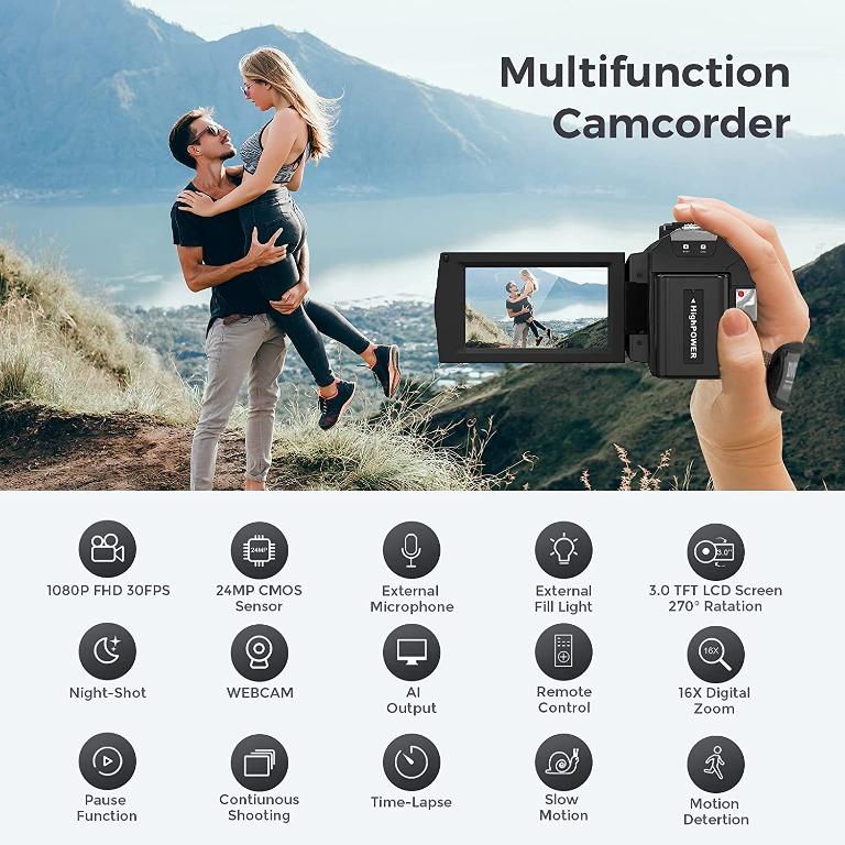 IEBRT Video Camera Camcorder, Digital Camera Recorder Full HD 1080P 30FPS  24MP 3.0 Inch 270 Degree Vlogging Camera for YouTube Rotation LCD 16X  Digital Zoom Camcorder and Battery, Photography, Video Cameras on Carousell