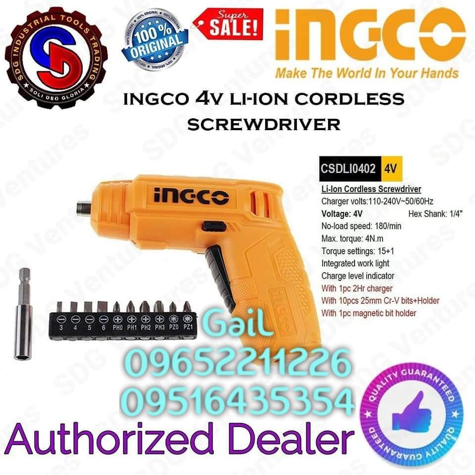 INGCO 4V Rechargeable Li-ion Cordless Screwdriver (Category: Construction Tools & Equipment) located in Caloocan City. Submitted by abieghail (Listing ID 1147698226, Image 2). Description: Price : ₱799 INGCO 4V Rechargeable Li-ion Cordless Screwdriver Model : CSDLI0402 Charger volts:110-240V~50/60Hz Voltage: 4V Hex Shank: 1/4" No-load speed: 180/min Max. torque: 4N.m Torque settings: 15+1 Integrated work light Charge level indicator With 1pc 2Hr 