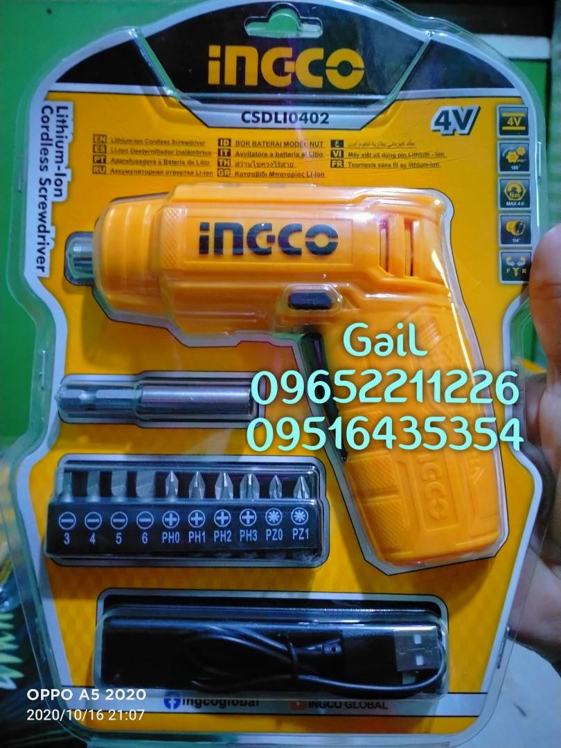 INGCO 4V Rechargeable Li-ion Cordless Screwdriver (Category: Construction Tools & Equipment) located in Caloocan City. Submitted by abieghail (Listing ID 1147698226, Image 1). Description: Price : ₱799 INGCO 4V Rechargeable Li-ion Cordless Screwdriver Model : CSDLI0402 Charger volts:110-240V~50/60Hz Voltage: 4V Hex Shank: 1/4" No-load speed: 180/min Max. torque: 4N.m Torque settings: 15+1 Integrated work light Charge level indicator With 1pc 2Hr 