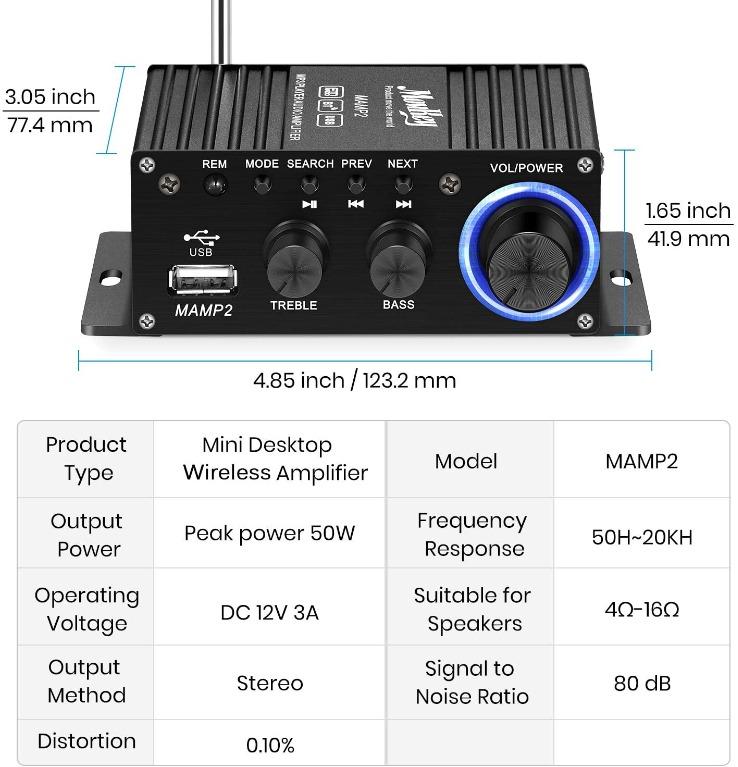 Moukey Mini amplifier home audio Bluetooth 5.0 for speakers 50W 2 Channel Power Audio Receiver