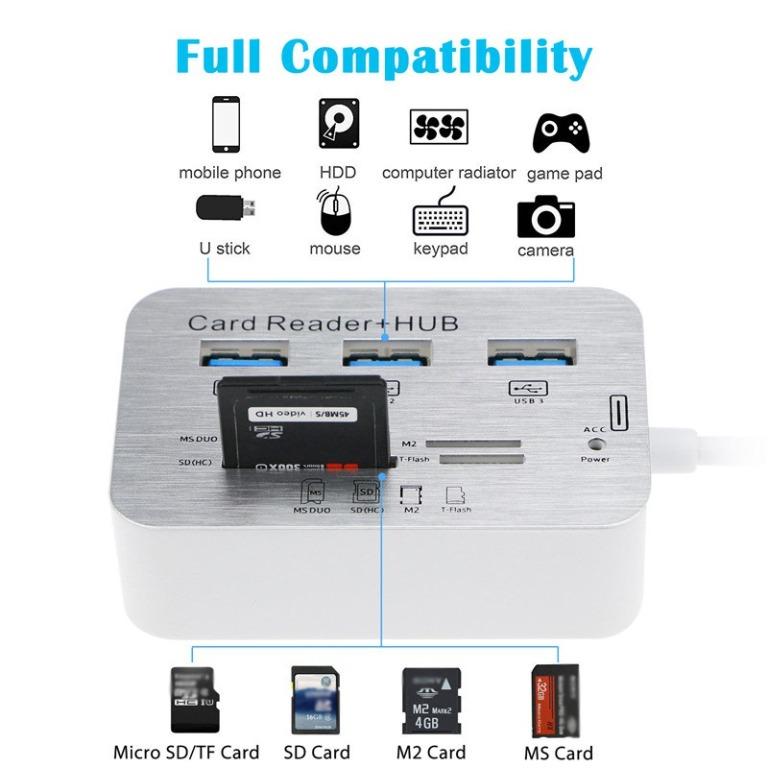 Multifunction MS/SD/M2/TF Memory Card Reader Combo High Speed 3 Port USB 3.0 HUB (Category: E-Readers) located in Manila. Submitted by kinasamudio913 (Listing ID 1147754029, Image 1). Description: Features: *3 Ports Aluminum USB 3.0 Hub MS SD M2 TF Memory Card Reader. *Simply helps you to connect up to 3 USB devices to your PC or Laptop, such as external hard drives, USB flash drives, mouse, keyboard, USB headphone, speakers, memory cards, keyboa