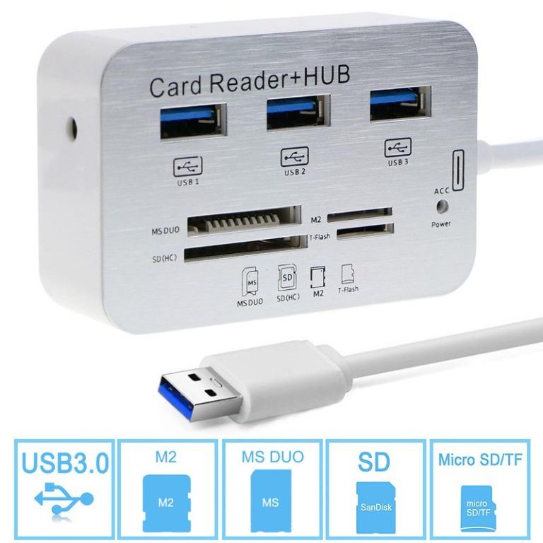 Multifunction MS/SD/M2/TF Memory Card Reader Combo High Speed 3 Port USB 3.0 HUB (Category: E-Readers) located in Manila. Submitted by kinasamudio913 (Listing ID 1147754029, Image 2). Description: Features: *3 Ports Aluminum USB 3.0 Hub MS SD M2 TF Memory Card Reader. *Simply helps you to connect up to 3 USB devices to your PC or Laptop, such as external hard drives, USB flash drives, mouse, keyboard, USB headphone, speakers, memory cards, keyboa