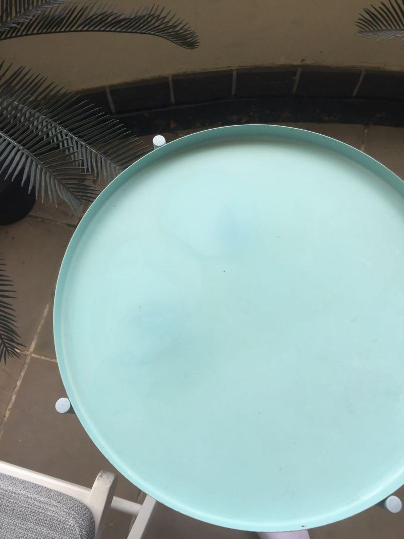 Outdoor Ikea used small grey table with 2 x white chairs. Note as shown in photos chairs have