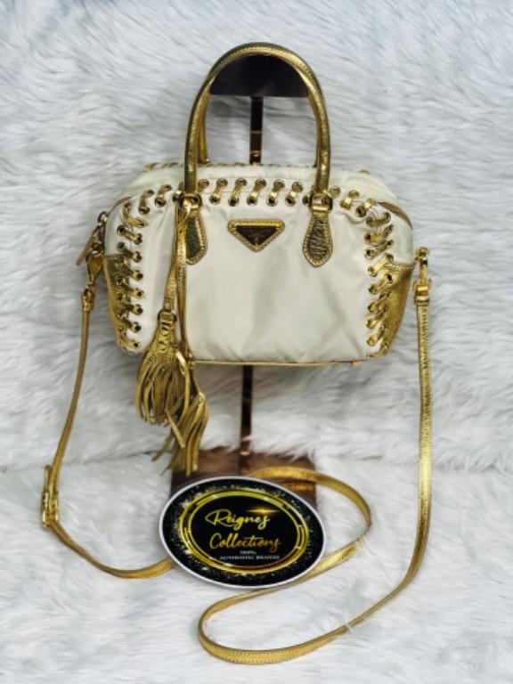 Prada Nylon & Leather Mini Tie Bag Ivory & Gold 2 way