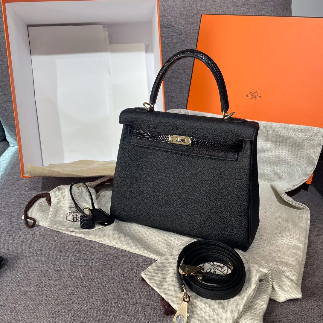 Hermes Kelly Touch 25 Retourne Bag Black Lizard / Togo Permabrass