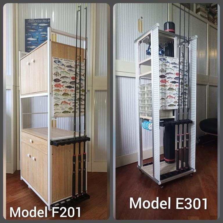 Clearance Sale - brand new model UP$349 F201 and UP$499 E301 premium 12 or  40 fishing rod rack stand storage cabinet cupboard organizer workstation,  Sports Equipment, Fishing on Carousell
