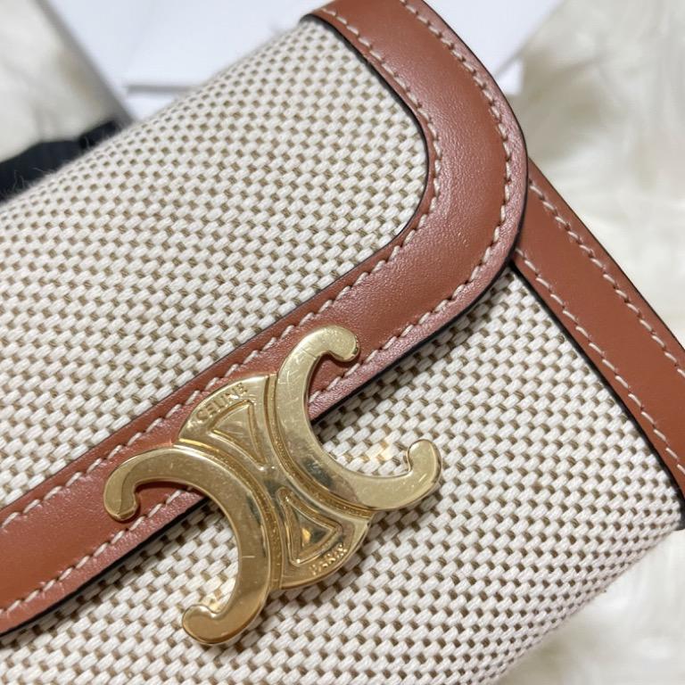 WALLET ON CHAIN TRIOMPHE IN TEXTILE AND CALFSKIN - NATURAL / TAN