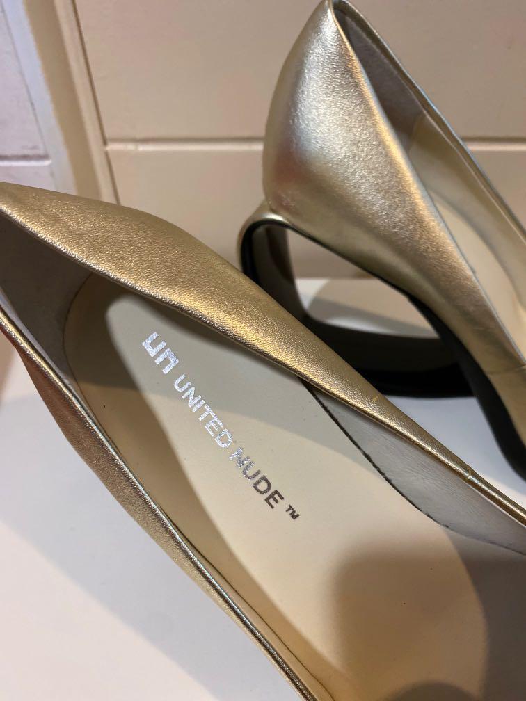 COMFY Gold Leather Heels Pumps 3.5 inches by United Nude