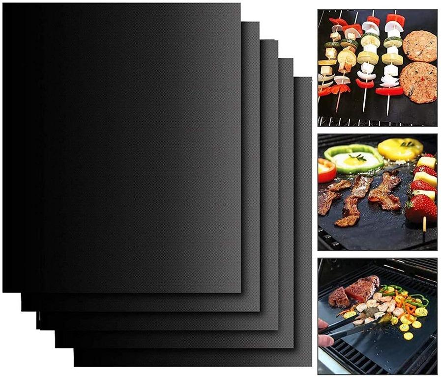 Works on Electric Grill Gas Charcoal BBQ Non-Stick Reusable and Easy to Clean Black Grill Mat Set of 5 with Silicone Brushes and Tongs 15.75 x 13-Inch 