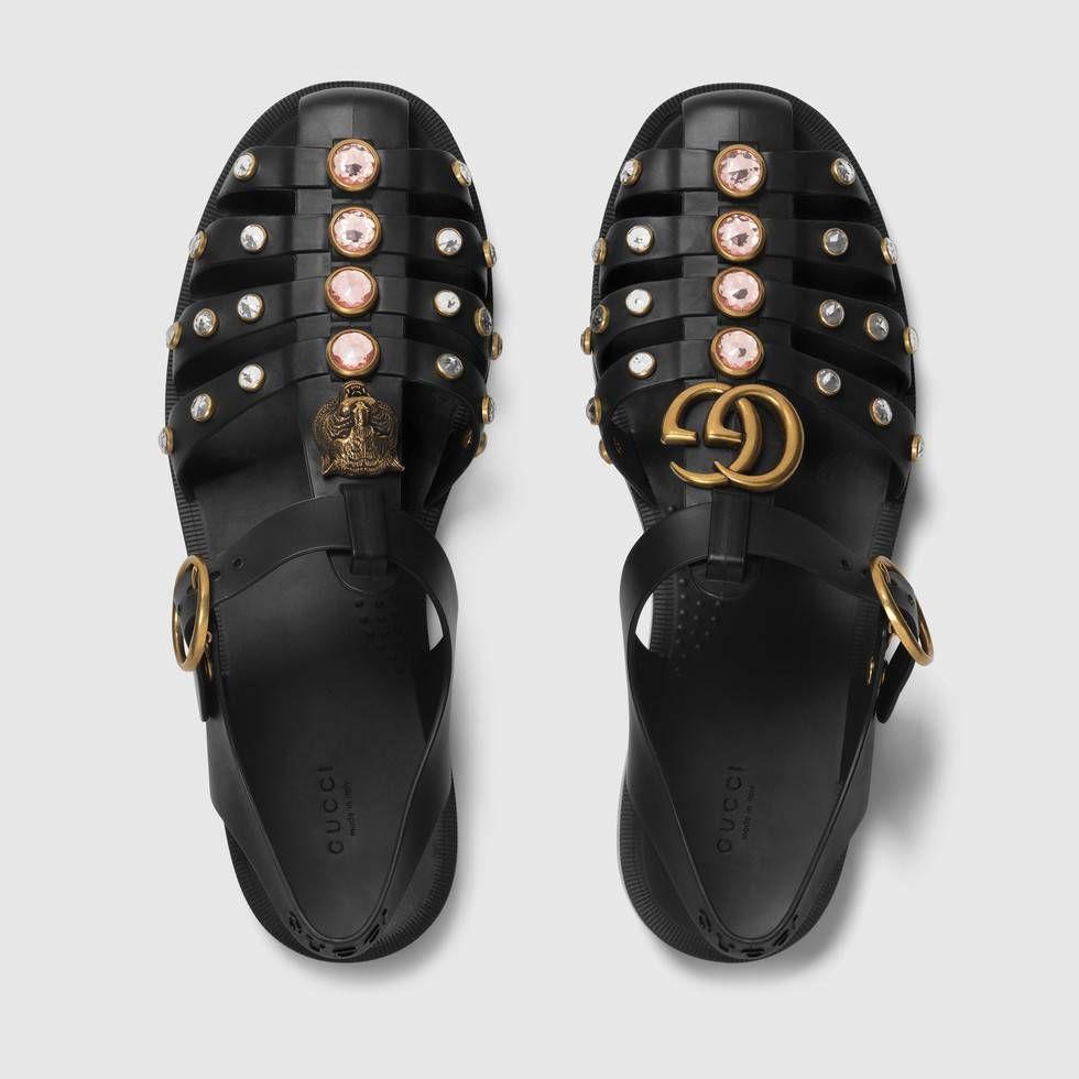 Gucci black rubber crystal sandals hot sale