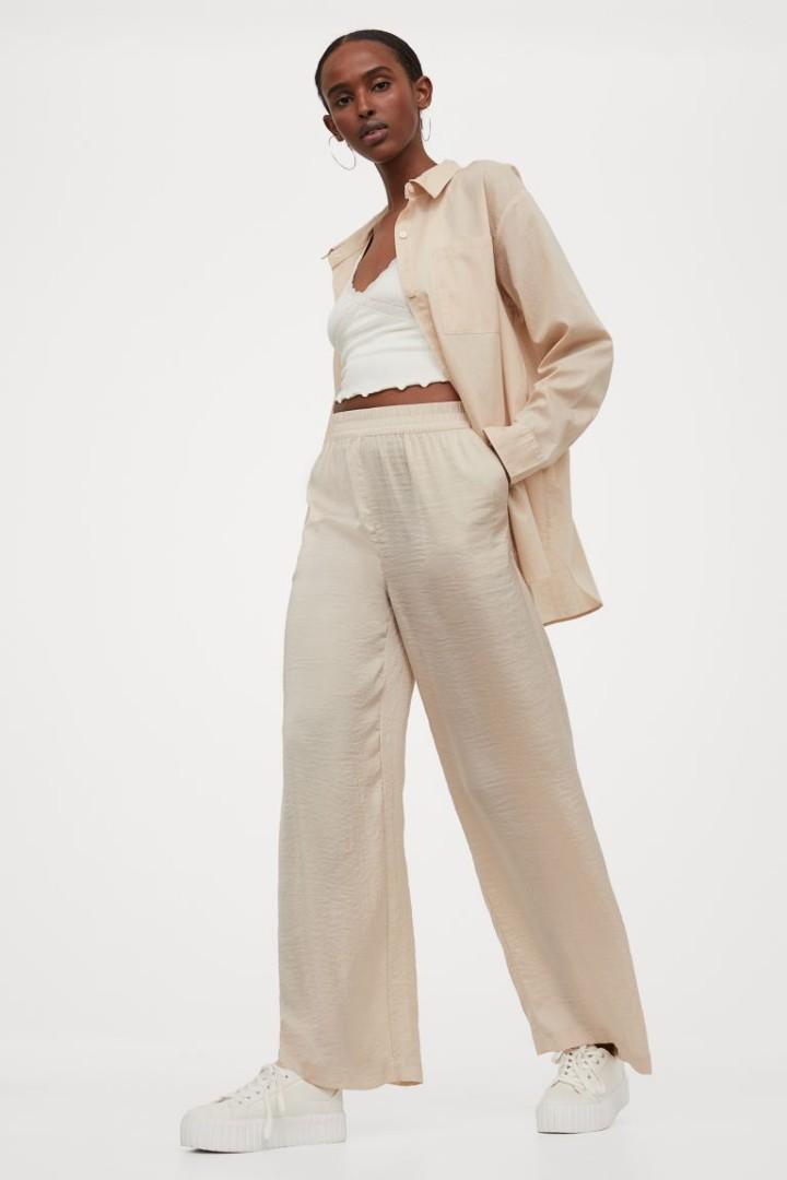 H\u0026M wide satin trousers - Beige, Fesyen 