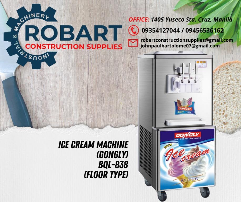 ICE CREAM MACHINE (FLOOR TYPE) (Category: Construction Tools & Equipment) located in Manila. Submitted by bellarobart (Listing ID 1147948162, Image 1). Description: ICE CREAM MACHINE (FLOOR TYPE) (GONGLY) Model Name: BQL-838 (Floor Type) Compressor: ASPERA (Italy) Production Capacity: 11-18kg (18-25L)/H Feed Hopper Capacity: 7L*2 Main Power: 220v / 110v 50Hz/60Hz Rate Power: 1.7kw Refrigerant: R22 / R404A Production: 11-16kg/h; 18-25L /h Dimensio