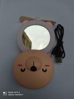 Beauty Bear/Pig Portable LED Mirror Fan Pocket USB Charging Mini Hand Fan