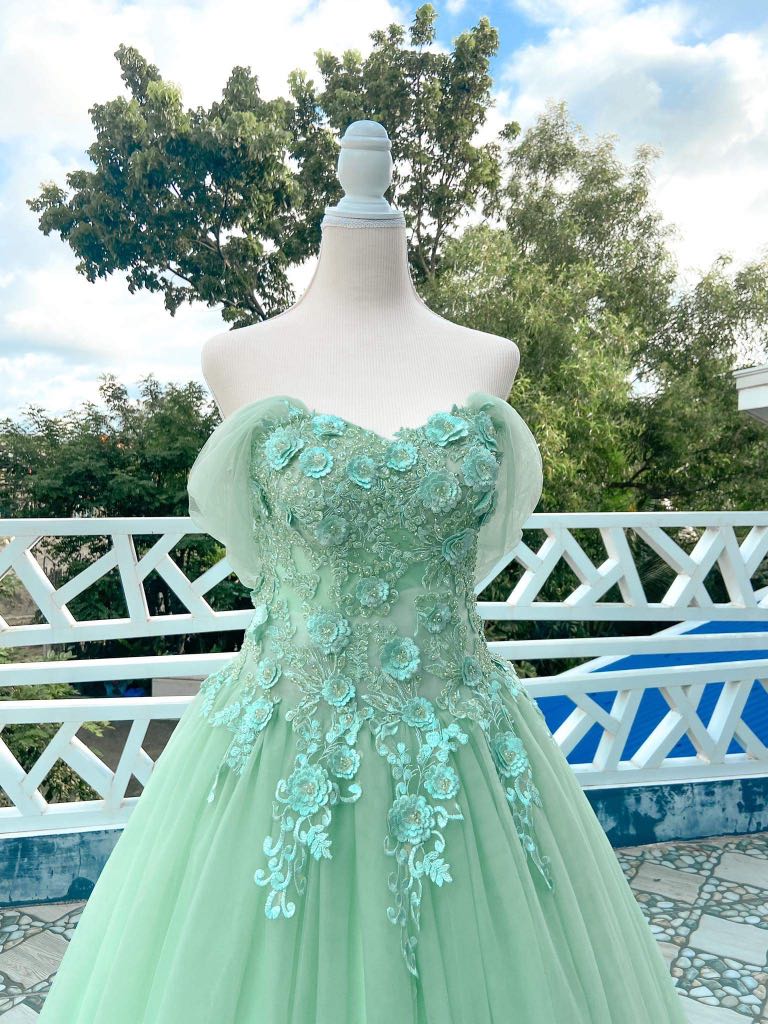 A Line Mint Green Lace Long Prom Dresses, Mint Green Lace Formal Gradu –  Eip Collection