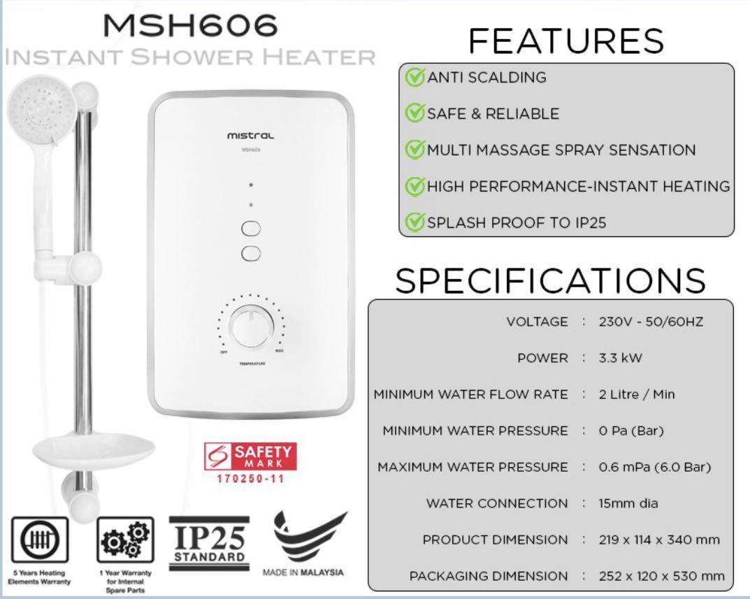 Mistral instant water heater MSH 606 - Brand New, TV u0026 Home Appliances, Water  Heater u0026 Instant Showers on Carousell