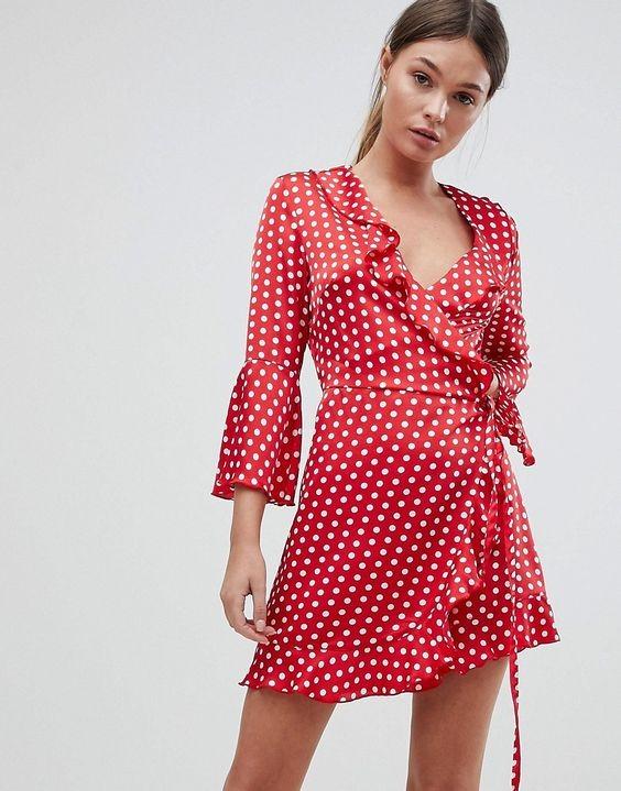 OUTRAGEOUS FORTUNE Red Polka Dots Ruffle Frill Satin Wrap Dress