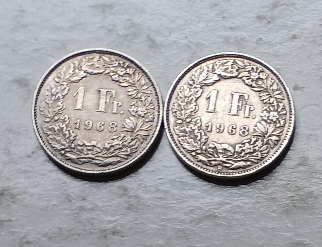 瑞士1968年1法郎硬幣2枚（品相實物如圖）, 興趣及遊戲, 收藏品及紀念品, 錢幣- Carousell
