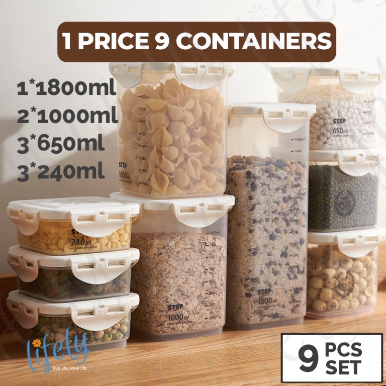 Dry Food Container, Food Safe, 4 Sides Lock Lid, 4 Sizes Containers
