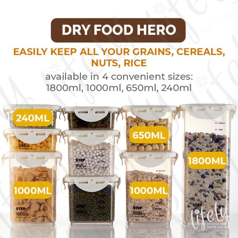 Dry Food Container, Food Safe, 4 Sides Lock Lid, 4 Sizes Containers