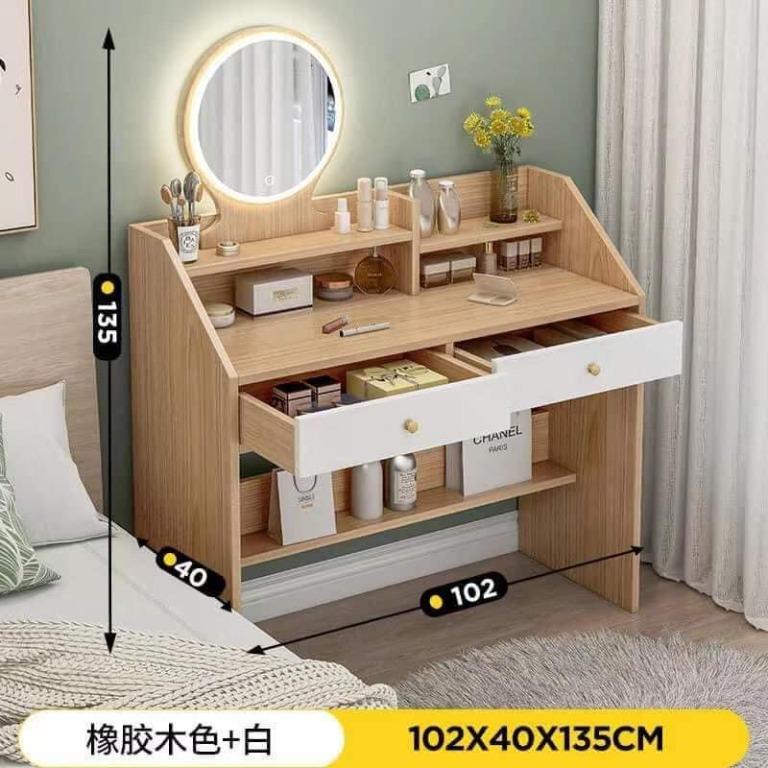 LED Vanity Dressing Table Double Drawer Large Capacity Makeup Storage Table With Mirror And Stool (Category: Tables & Sets) located in Manila. Submitted by affordshopz (Listing ID 1152424747, Image 2). Description: ✖️Chair not included Features: *Spacious Table *More Storage *Adjustable in Length Dimensions:80cm Length40cm Width135cm Height - 100% High Quality - 100% Brand new - With a round mirror - Large capacity - Durable - Stable - Smooth sur