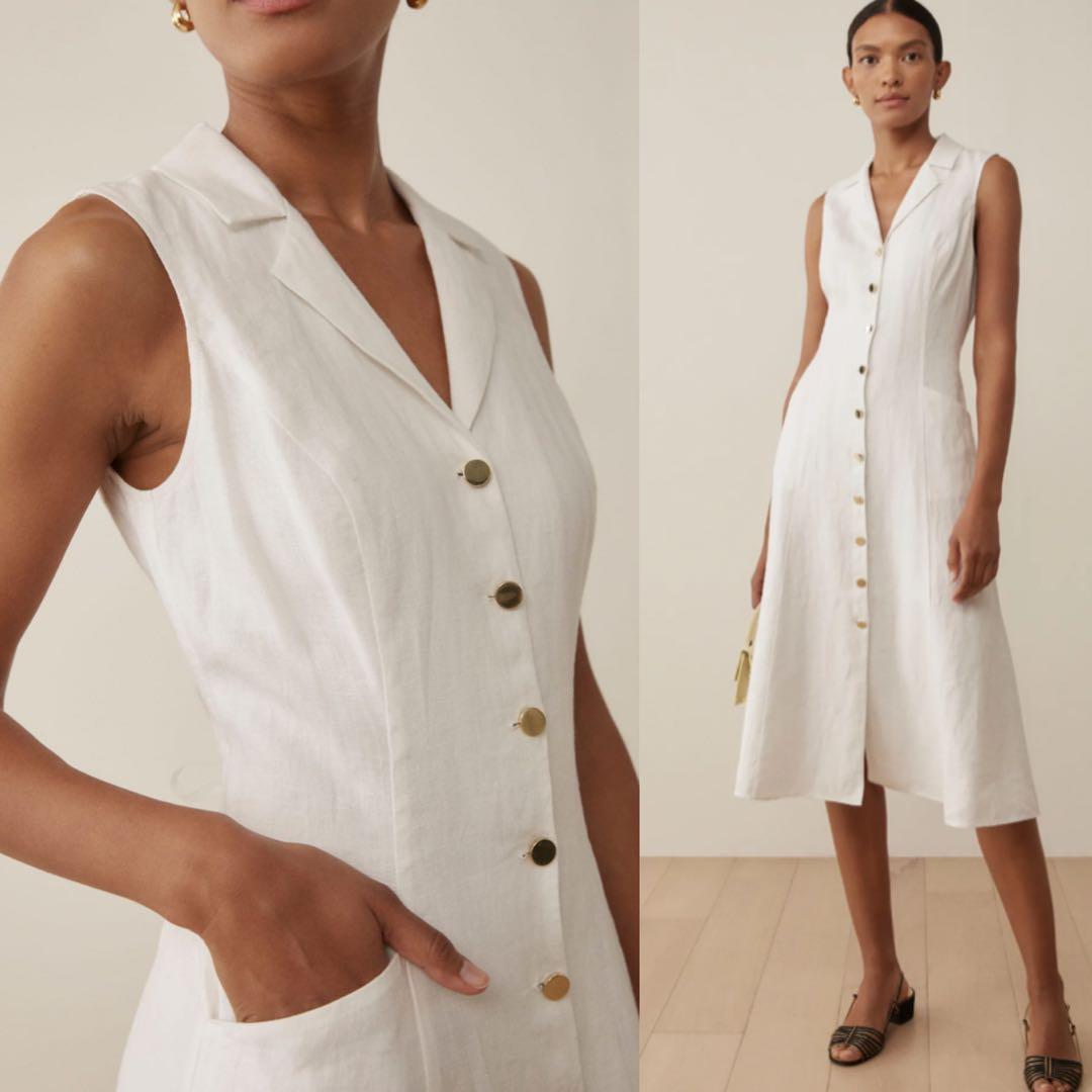 White linen button through dress discount