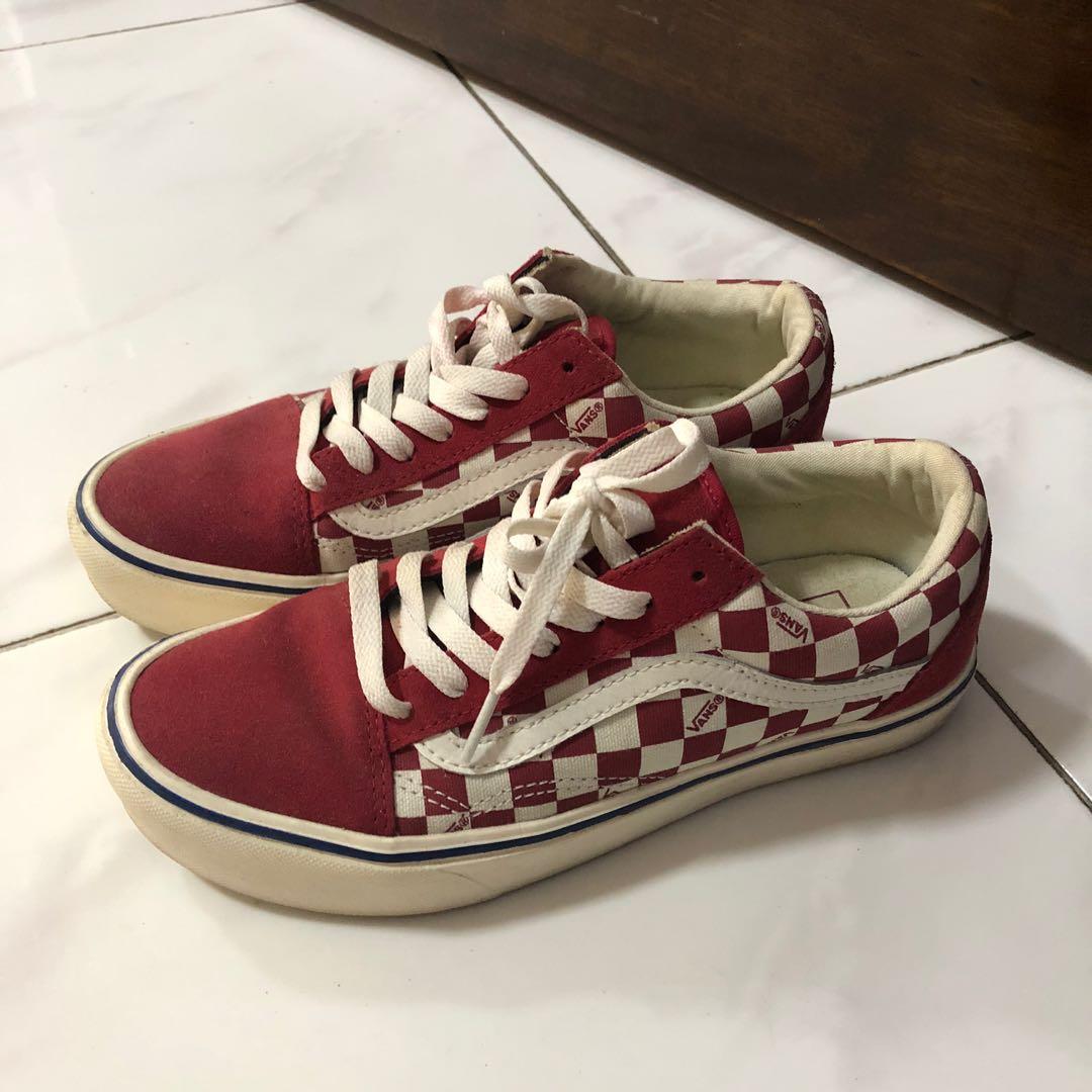 Red checkered vans with laces best sale