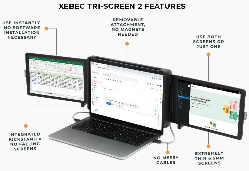 Xebec Tri Screen 2 Portable Laptop Monitor Display Extender Dual Triple