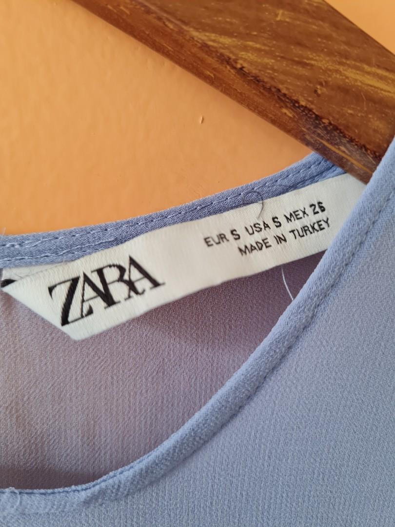 Zara Sheer Top (Small) (Category: Blouses) located in Quezon City. Submitted by secondthemotion (Listing ID 1152441413, Image 3). Description: Zara Sheer top polyblend and chiffon combination. size Small on label but sizing is big. best fits Medium body frame. Size measurements: Bust - 36" inch circumference Body length from shoulder - 24"in Sleeve opening - 7.25" in (flat measurement) Status: Gently used. has some fabric run in front. see photo 