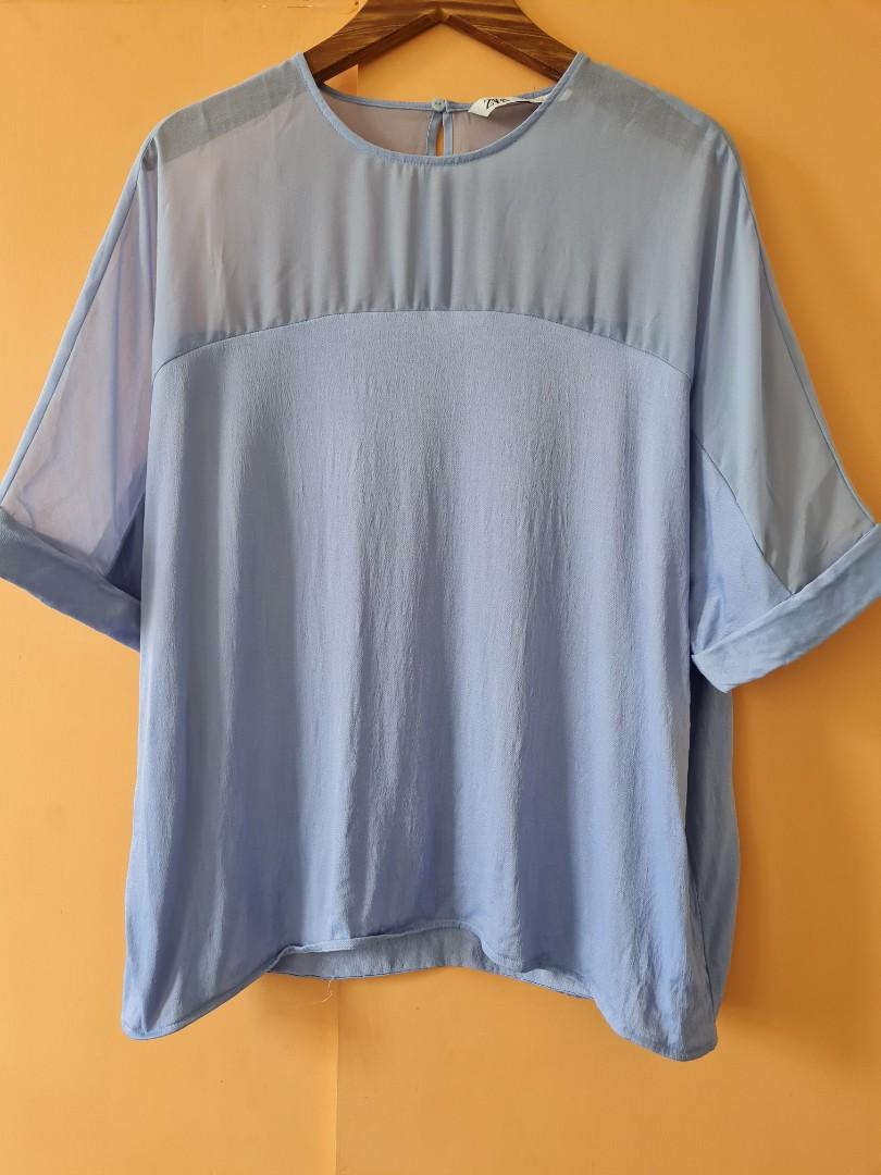 Zara Sheer Top (Small) (Category: Blouses) located in Quezon City. Submitted by secondthemotion (Listing ID 1152441413, Image 1). Description: Zara Sheer top polyblend and chiffon combination. size Small on label but sizing is big. best fits Medium body frame. Size measurements: Bust - 36" inch circumference Body length from shoulder - 24"in Sleeve opening - 7.25" in (flat measurement) Status: Gently used. has some fabric run in front. see photo 
