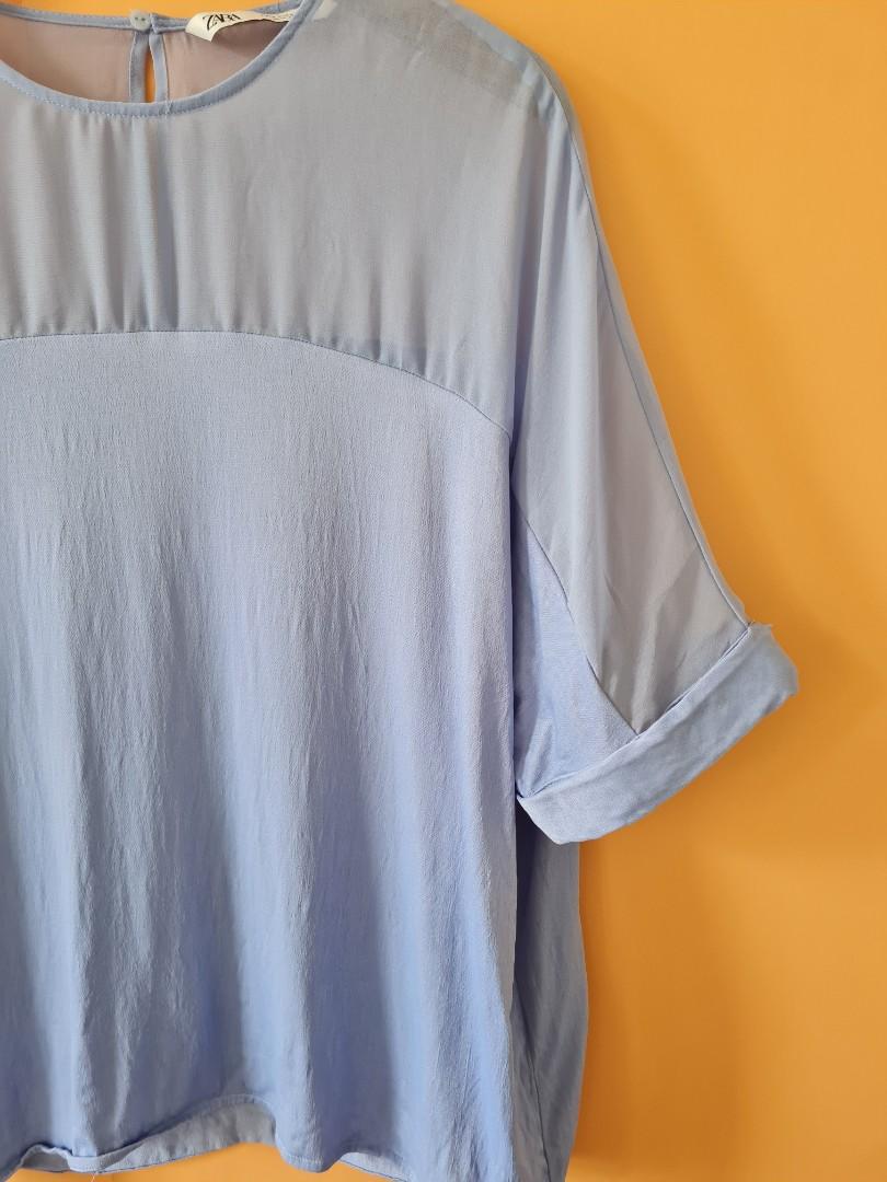 Zara Sheer Top (Small) (Category: Blouses) located in Quezon City. Submitted by secondthemotion (Listing ID 1152441413, Image 2). Description: Zara Sheer top polyblend and chiffon combination. size Small on label but sizing is big. best fits Medium body frame. Size measurements: Bust - 36" inch circumference Body length from shoulder - 24"in Sleeve opening - 7.25" in (flat measurement) Status: Gently used. has some fabric run in front. see photo 