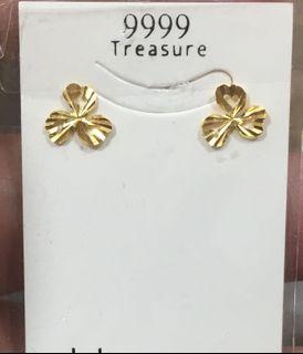 黃金純金9999閃亮幸運草耳環 重0.20錢  三葉草造型 pure gold earrings clover 24k 9999