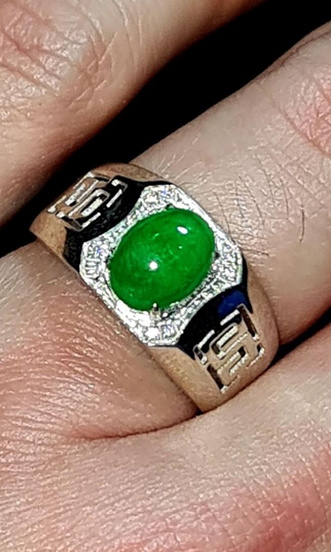 Grade A Spicy green jadeite myannmar with zircon diamond on 18k white gold plated silver mens ring