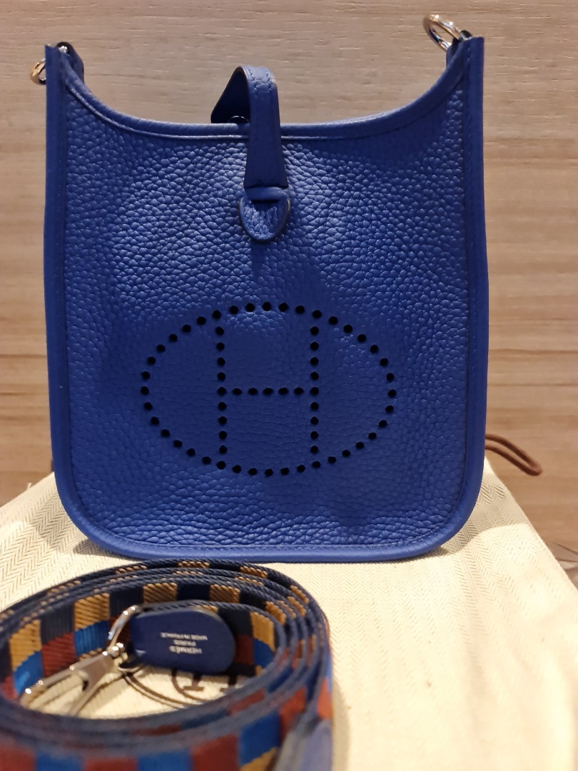 New Hermès Etoupe & Blue Mini Evelyne in Box
