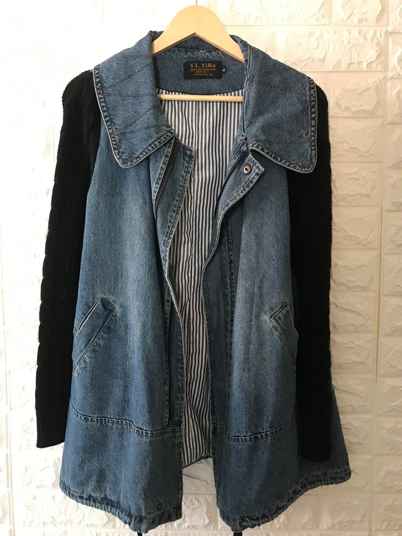 Knitted sleeves denim jacket, Women's Fashion, Coats, Jackets and