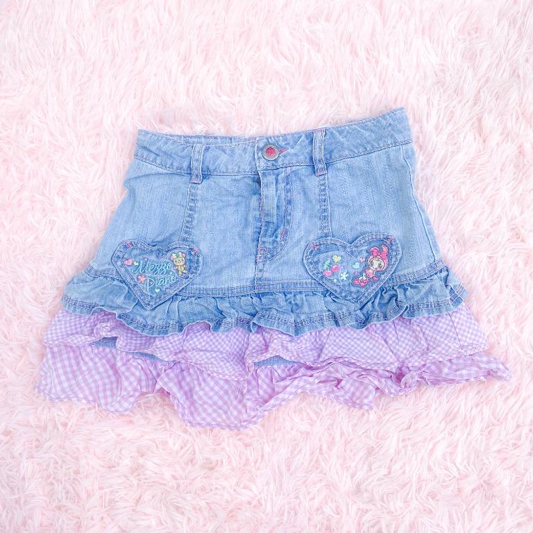 Mezzo Piano Y2k Denim Skirt Kawaii Authentic Japan Sanrio Frills Lolita Frilly Cute Mezzopiano Pink Embroidered Pockets Embroidery Heart Pockets Gyaru Cutecore Sanriocore Girls Frillycore Babies Kids Babies Kids