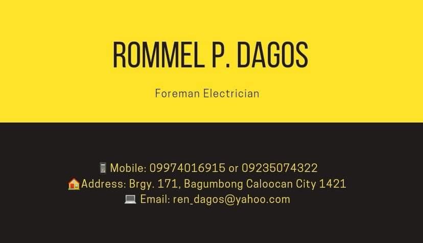On call Foreman/Electrician (Category: Electrical, Lighting & Wiring) located in Caloocan City. Submitted by rommeldagos (Listing ID 1087228061, Image 2). Description: 👉 Are you looking for electrical works residential,commercial and industrial building? * I have knowledge in lightning and electricals(wiring,rewiring,installation,repair,replacement,switch,lights,outlets,submeter,breaker,layout,no power,cctv etc.) * Perform megger or insulation t
