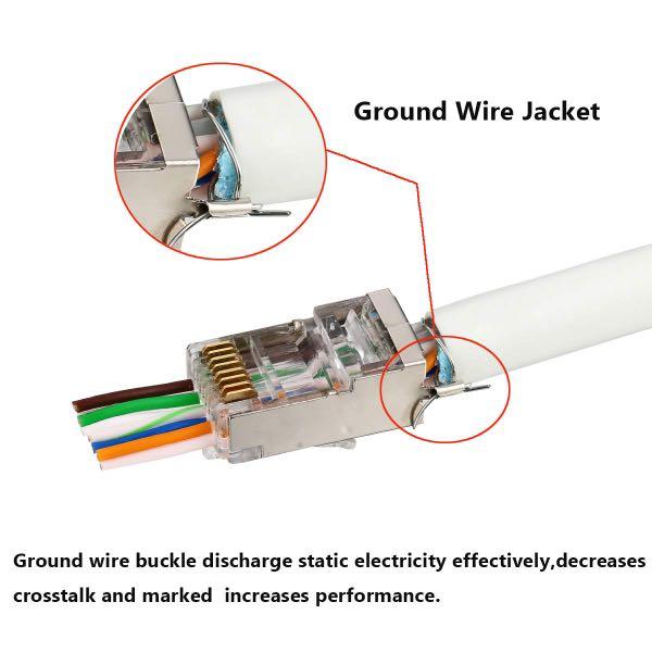 RJ45 CAT6a Cat6 Connector with Grounding Buckle Gold Plated 8P8C Grounded Pass Through Shield