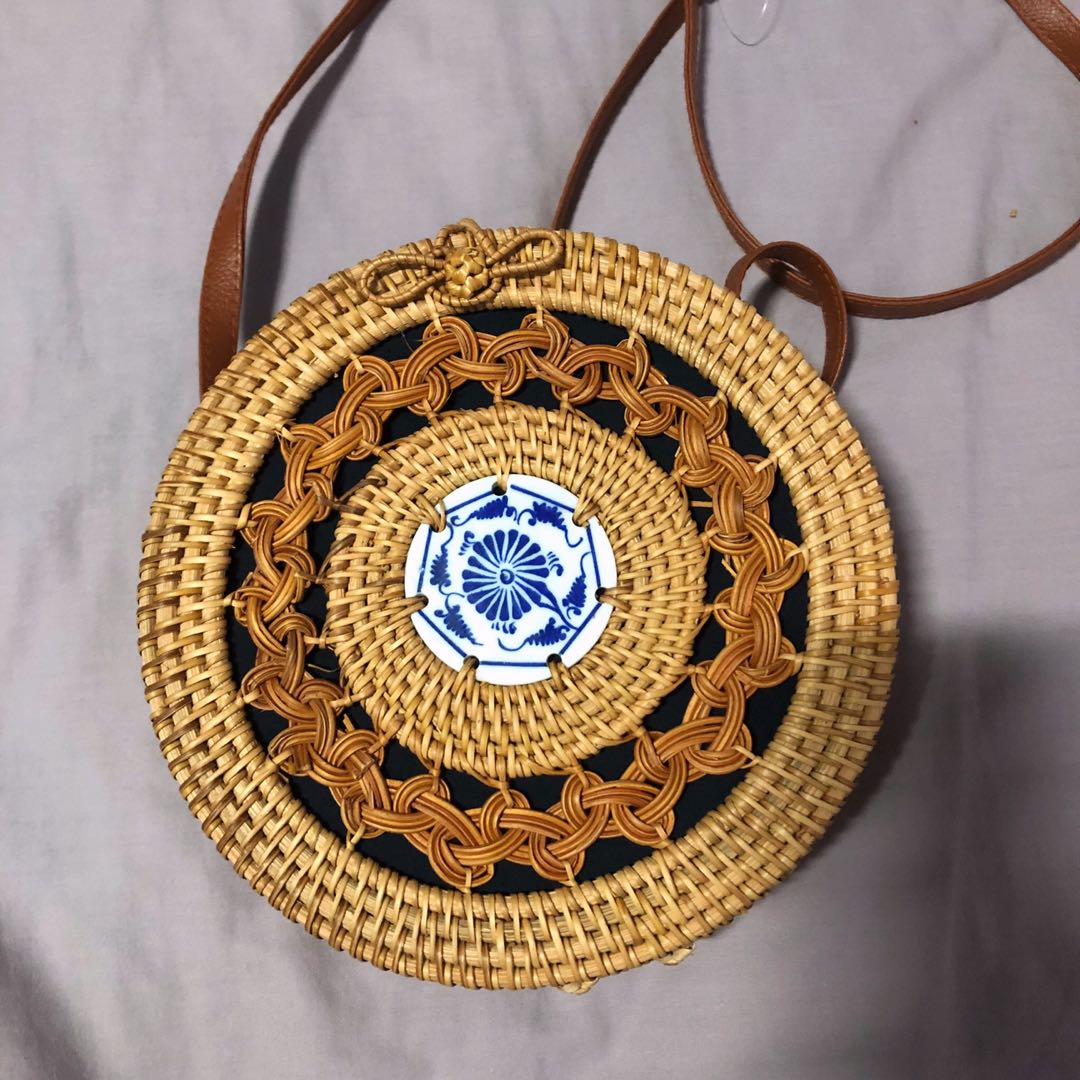 Round Rattan Sling Bag, Women's Fashion, Bags & Wallets, Beach Bags on